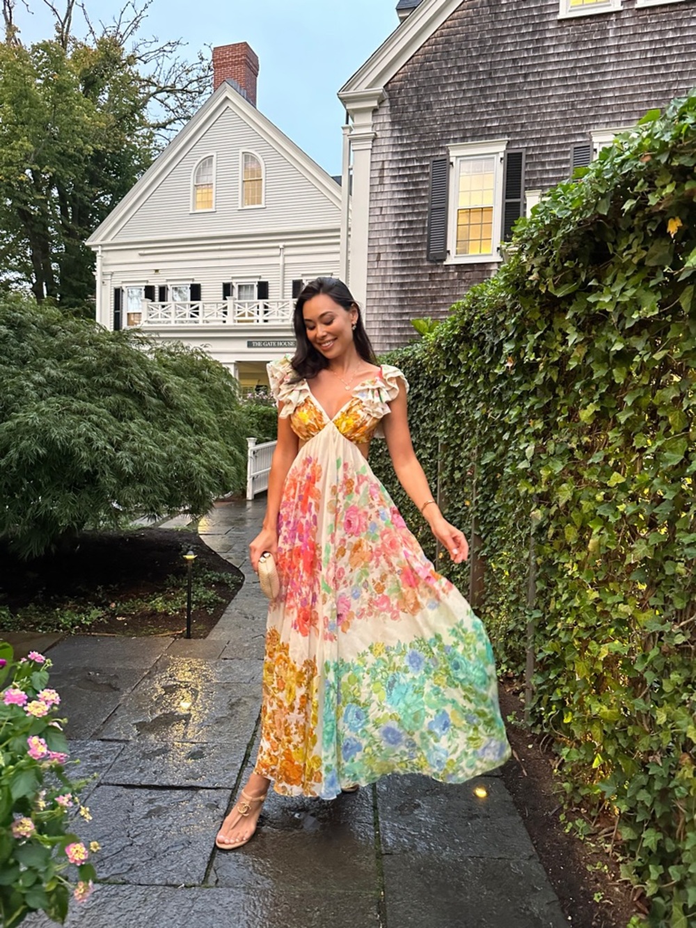 Zimmermann Cream Floral Ruffle Midi Dress with Multicolor Blooms - Picture 3 of 6